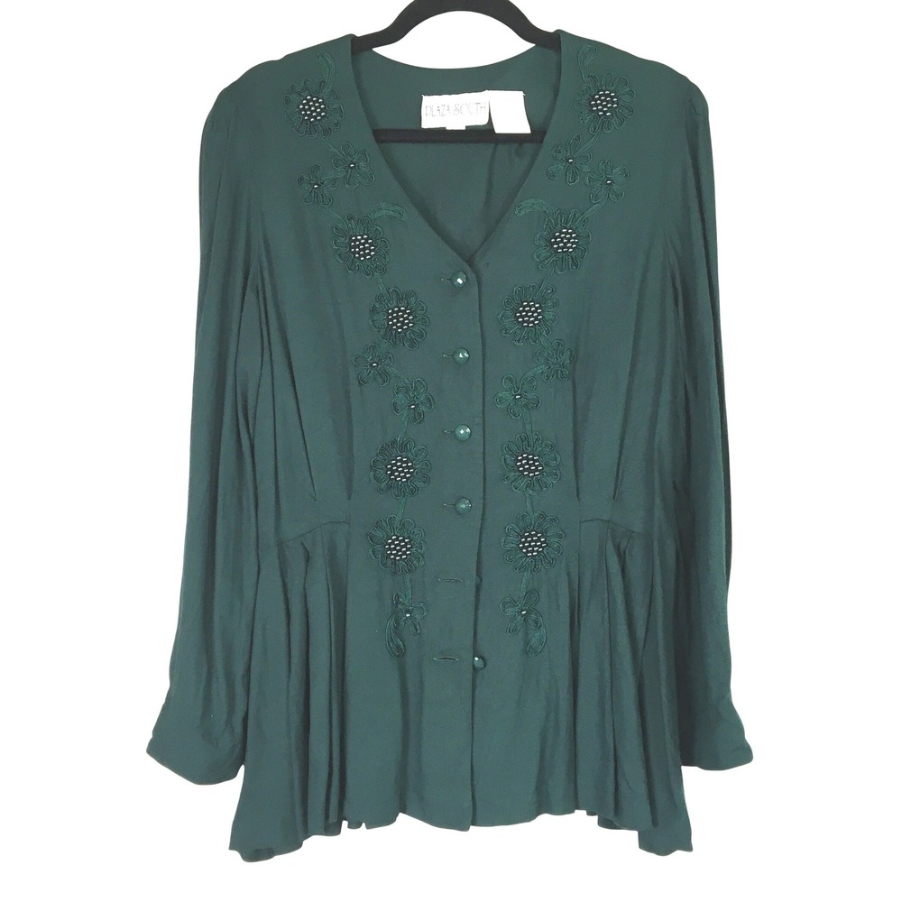 Plaza South Vintage 1992 Forest Green‎ Soutache Beaded Blouse Jacket Size 12